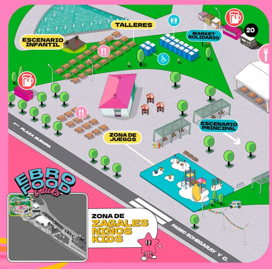 mapa de la zona infantil en los food trucks del pilar, parque san pablo